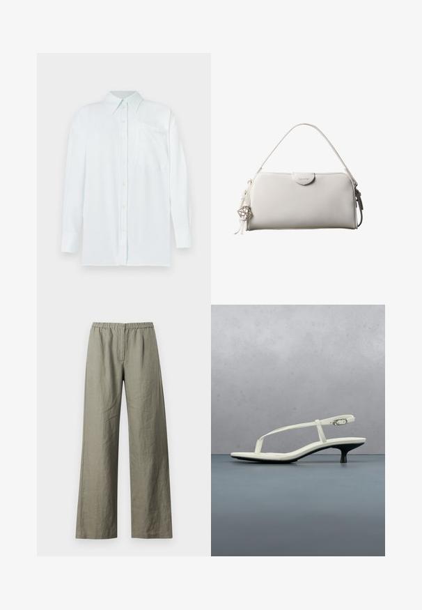 Camisa de botones de color azul claro con cuello, mangas largas y un bolsillo en el pecho. La tela parece suave con una textura sutil; presenta botones amarillos.; Samsøe Samsøe SATOVE TROUSERS - Pantalones - vetiver; Sandalia blanca de tacón kitten con tiras y punta afilada, flotando sobre un suelo de baldosas de madera al aire libre, con un fondo desenfocado de plantas y pared.; Bolso rectangular blanco de Calvin Klein con un solo asa, diseño minimalista y borlas decorativas con un charm metálico geométrico en el lateral.