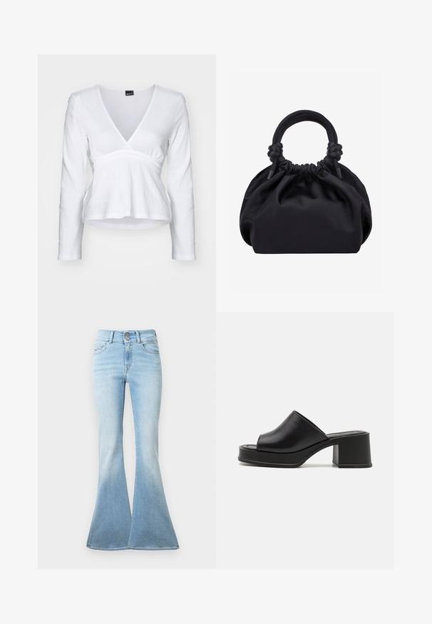 Hvid langærmet top med V-hals, sammensnøret talje og struktureret stof. Enkel design, blødt materiale og ensfarvet.; Lyseblå flagrende jeans lavet af denim. Har høj talje med to knapper og let blegning mod kanten. Klassisk fem-lomme design.; Sorte læder platform sandals med rund åben tå, lav blokhæl og glat tekstur. Minimalistisk design med elegante linjer.; Sort blød stofhåndtaske med samlet top og cirkulære polstrede håndtag bundet med knuder på hver side.