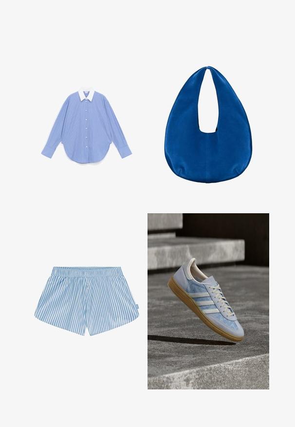 Blauw overhemd met lange mouwen en witte verticale strepen, witte puntkraag, knoopsluiting aan de voorkant en brede manchetten, plat gelegd op een witte achtergrond.; Blauwe en witte gestreepte shorts met een elastische tailleband, twee knopen aan de voorkant en een relaxte pasvorm. De stof lijkt glad met een lichtgewicht textuur.; Lichtblauwe sneaker met bloemenpatroon, witte strepen en textuur van grijs suède accenten. Natuurlijke rubberen zool. Veters in crèmig beige.; Zachte blauwe stoffen hobo-handtas met een afgeronde, sikkelvormige vorm en een brede handvatopening bovenaan in het midden.