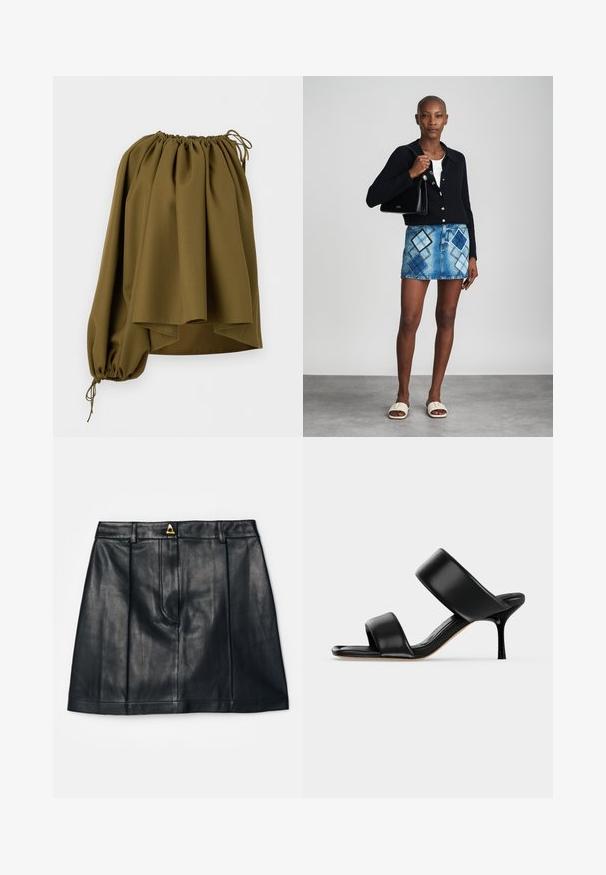 Olijfgroene asymmetrische off-shoulder blouse met elastische halslijn en een enkele lange mouw die bij de pols is samengebracht met een trekkoord.; AERON RUDENS SKIRT - A-lijn rok - black; Zwarte leren mule sandaal met twee brede banden en een slanke, middelhoog stilettohak op een effen lichte achtergrond.; Zwarte gebreide cardigan, witte top, denimrok met blauw en zwart ruitpatroon, zwarte handtas en beige instapsandalen.