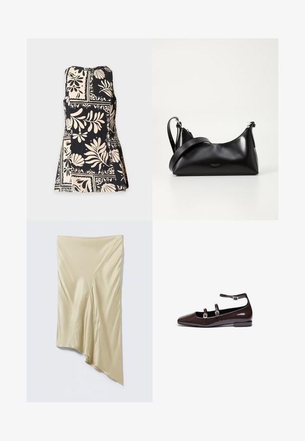 Haut noir sans manches avec des motifs floraux et feuilles abstraits crème en blocs carrés, présenté sur un fond clair uni.; Jupe asymétrique en satin beige avec coutures diagonales et ourlet drapé irrégulier sur fond gris clair.; Ballerines en cuir verni marron avec un bout pointu, présentant deux sangles réglables et des boucles en argent, ainsi qu'un petit talon carré.; Sac à main en cuir noir avec une texture lisse. Dispose d'une bandoulière adjustable et d'un design élégant et minimaliste avec une fermeture éclair.