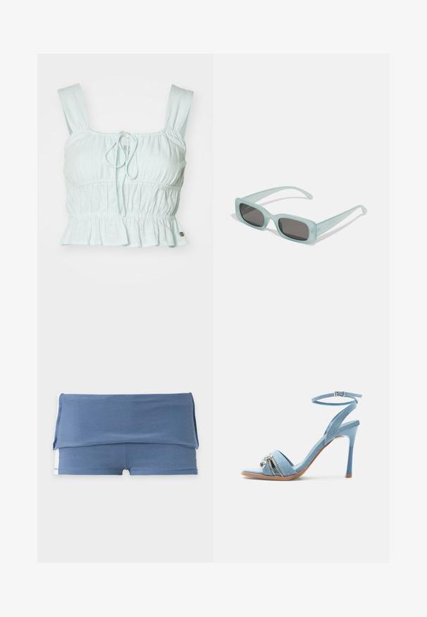 Top court bleu clair avec tissu froncé, lien réglable à l'avant et ourlet volanté. Doté de larges bretelles et d'un petit accent en métal.; Shorts de maternité bleus avec une large ceinture rabattable et une courte longueur de jambe, présentés à plat sur un fond uni clair.; Sandale à talons hauts en denim bleu clair avec bride à la cheville, bout ouvert, fermeture éclair argentée et détail de charme sur la bride avant.; Une paire de lunettes de soleil rectangulaires avec des montures translucides bleu clair et des verres gris foncé, présentant des branches droites et des détails matériels minimaux.