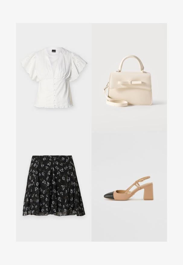 Blusa blanca con mangas cortas bordadas con borde festoneado, botones frontales cubiertos de tela, cintura recogida y dobladillo fruncido sobre fondo liso.; Falda negra plisada con estampado floral en blanco y oliva, tela fluida con textura sutil, diseño de longitud media.; Zapato slingback beige con puntera negra, tacón cuadrado alto y dos correas decorativas, fabricado en material suave.; Pequeño bolso beige con asa superior, correa desmontable, solapa frontal y lazo decorativo horizontal sobre un fondo liso.