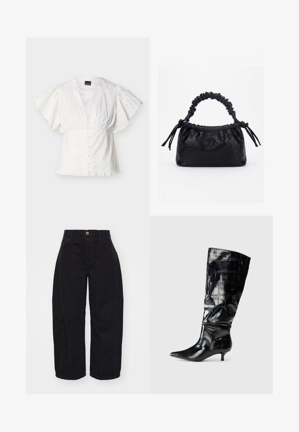 Weiße Bluse mit abgesteppten, bestickten kurzen Ärmeln, vorne mit Stoff bezogenen Knöpfen, tailliertem Bund und gerafftem Saum vor einfachem Hintergrund.; Free People GOOD LUCK MID RISE BARREL - Jeans Relaxed Fit - soundwave; Schwarze knielange Stiefel aus glänzendem, krokodilgeprägtem Material, mit spitzem Zeh und niedrigem Kitten-Absatz. Glatte Textur mit sanften Falten.; Schwarze Handtasche mit Krokodilstruktur, gerafftem oberen Rand, zusammengezogenem Griff und Zugkordeln mit Quasten an jeder Seite vor weißem Hintergrund.