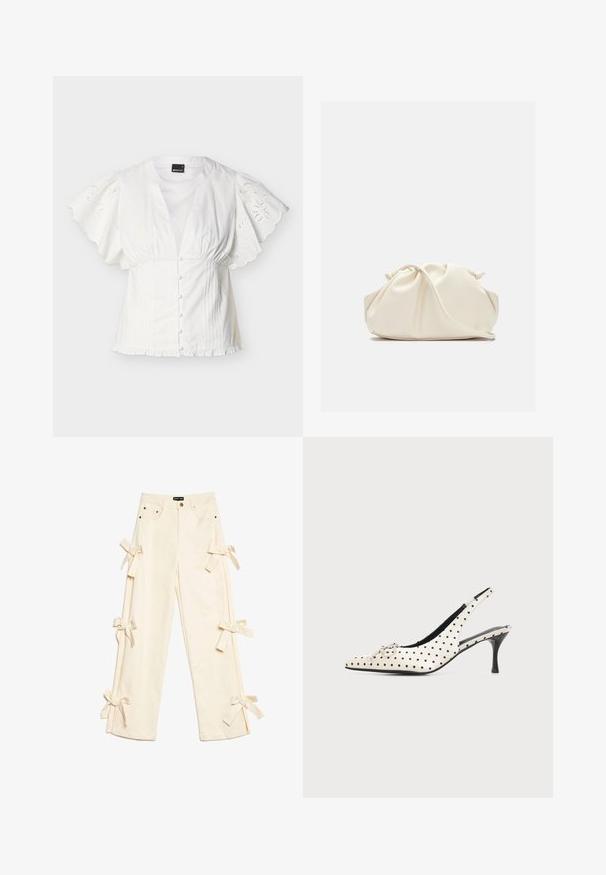 Witte blouse met gegolfde, geborduurde korte mouwen, van stof bedekte knopen aan de voorkant, taille met plooien en een gerimpelde zoom tegen een effen achtergrond.; Crème wijde broek met hoge taille, vijf zakken, metalen knoop en stofstrikken die langs beide broekspijpen zijn gestrikt.; Witte leren slingback hoge hak schoen met zwarte polkadots en een kleine decoratieve strik op de puntige neus tegen een effen achtergrond.; Zachte, crèmekleurige leren clutch met geplooid, gerimpeld ontwerp en een dunne schouderriem die vooraan op een effen achtergrond ligt.