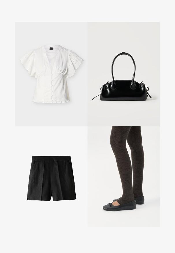 Witte blouse met gegolfde, geborduurde korte mouwen, van stof bedekte knopen aan de voorkant, taille met plooien en een gerimpelde zoom tegen een effen achtergrond.; Zwarte linnen shorts met een geplooide voorkant, zijzakken en een ontspannen pasvorm. De stof heeft een gladde textuur en een casual ontwerp.; Benen met donkere geribbelde leggings gecombineerd met zwarte ballerina's met kleine strikdetails op een witte achtergrond.; Kleine zwarte glanzende handtas met twee lange hengsels en zijkant trekkoord details op een effen lichte achtergrond.
