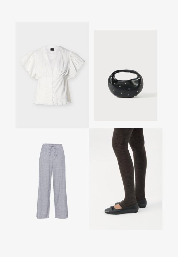 Witte blouse met gegolfde, geborduurde korte mouwen, van stof bedekte knopen aan de voorkant, taille met plooien en een gerimpelde zoom tegen een effen achtergrond.; Grijze en witte gestreepte wijde broek met een elastische tailleband en koord. Lichtgewicht stof met een relaxte pasvorm.; Benen met donkere geribbelde leggings gecombineerd met zwarte ballerina's met kleine strikdetails op een witte achtergrond.; Zwarte leren handtas met een afgeronde vorm, versierd met zilveren studs, en een korte handgreep. Gladde textuur en ritsluiting.