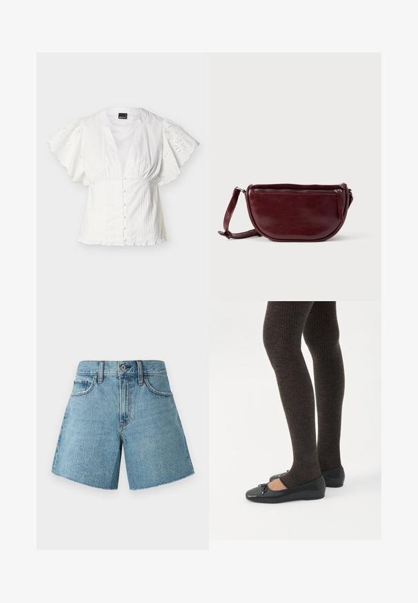 Hvid bluse med flosset, broderede korte ærmer, stofbetrukne knapper foran, indsnævret talje og flæsekanter mod en ensfarvet baggrund.; Denim shorts i lys blå, med høj talje, fem lommer og rå kant. Fremstillet af tekstureret bomuldsstof med et klassisk design.; Ben iført mørke ribbede leggings kombineret med sorte balletsko med små sløjfedetaljer på hvid baggrund.; Vinrød læderhåndtaske med halvmåneform, lynlås og aftagelig rem. Glat tekstur med en subtil glans.