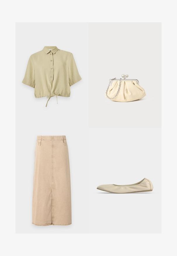 Chemisier court beige à manches courtes, avec col, patte de boutonnage et lien réglable à l'ourlet, présenté sur fond blanc.; Jupe en denim beige d'une longueur mi-mollet, avec un ourlet effiloché, deux poches latérales et des accents cousus sur la taille.; Ballerine beige en cuir souple avec bout arrondi, profil latéral bas et semelle fine en caoutchouc sur fond blanc uni.; Pochette en cuir beige plissé avec un cadre en métal argenté, dotée de deux fermoirs ronds décoratifs et d'une chaîne en argent.