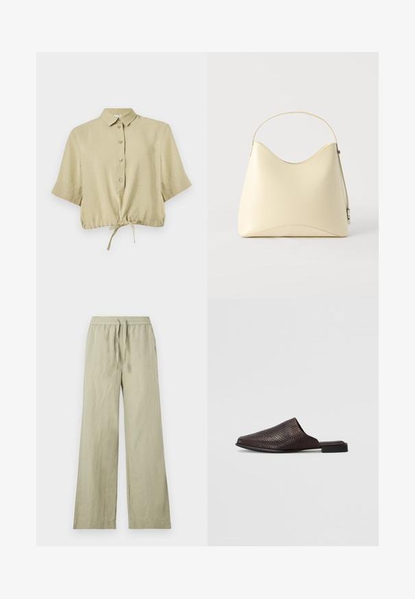 Beige kortærmet cropped skjorte med krave, knaplukning og justerbar snor forneden, vist på hvid baggrund.; Lysebeige bukser med vide ben, elastisk talje og snøre, flad front samt sidelommer, vist på hvid baggrund.; Sort slip-on mule lavet af tekstureret materiale med et reptilmønster, der har en lav, flad hæl og et afrundet, åbent tådesign.; Cremefarvet læderhåndtaske med buet topkant og enkelt strop, vist på ensartet lyst baggrund.