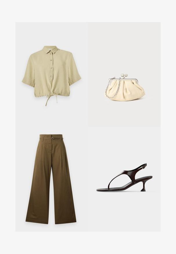 Beige kortærmet cropped skjorte med krave, knaplukning og justerbar snor forneden, vist på hvid baggrund.; Breddebenede bukser i olivengrønt stof med høj talje, frontfolder og en sølvfarvet, cirkulær bøjlestik detalje. Glat tekstur.; Mørkebrun laklædersandal med rem bagpå, lille hæl og tårem på hvid baggrund.; Plisseret beige læderclutch med en sølvmetalramme, der har to runde dekorative låse og en sølvkædetrasporte.