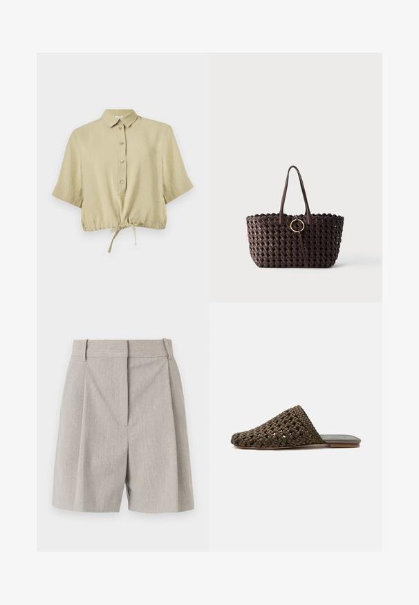Beige kortærmet cropped skjorte med krave, knaplukning og justerbar snor forneden, vist på hvid baggrund.; By Malene Birger POVILLE - Shorts - grey brown; Brun vævet slip-on mule med flad sål og lukket rundet tå på hvid baggrund.; Mørkebrun flettet tote taske med to håndtag og en gylden cirkulær spænde detalje i midten mod en ensfarvet baggrund.