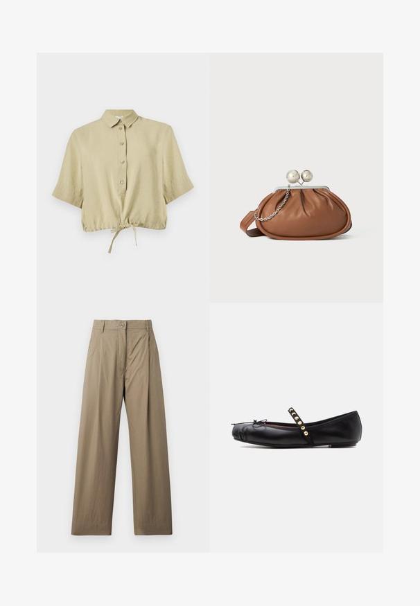 Camisa corta de manga corta de color beige con cuello, tapeta con botones y cordón ajustable en el dobladillo, mostrada sobre un fondo blanco.; Pantalones de pierna ancha en caqui, confeccionados con una mezcla de algodón, que cuentan con cierre de botón, bolsillos laterales y una textura suave con un ligero brillo.; Bailarina plana de cuero negro con una tira que cuenta con seis tachuelas doradas y un pequeño lazo en la puntera redondeada.; Bolso de mano de cuero marrón con cierre de bola plateada y un pequeño detalle de cadena plateada sobre un fondo blanco.