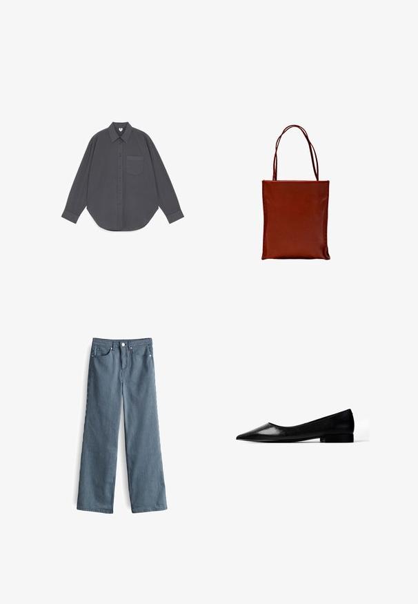 Chemise gris foncé à manches longues avec boutons, col pointu et une seule poche poitrine, présentée sur fond blanc.; Pantalons larges rayés bleu clair et blanc avec taille haute, comportant cinq poches et une fermeture à bouton à la taille.; Chaussure plate en cuir noir à bout pointu avec un petit talon carré, vue de profil sur fond blanc.; Sac cabas rectangulaire en cuir marron avec doubles poignées fines, présenté sur fond blanc. Aucun logo ni décoration visible.