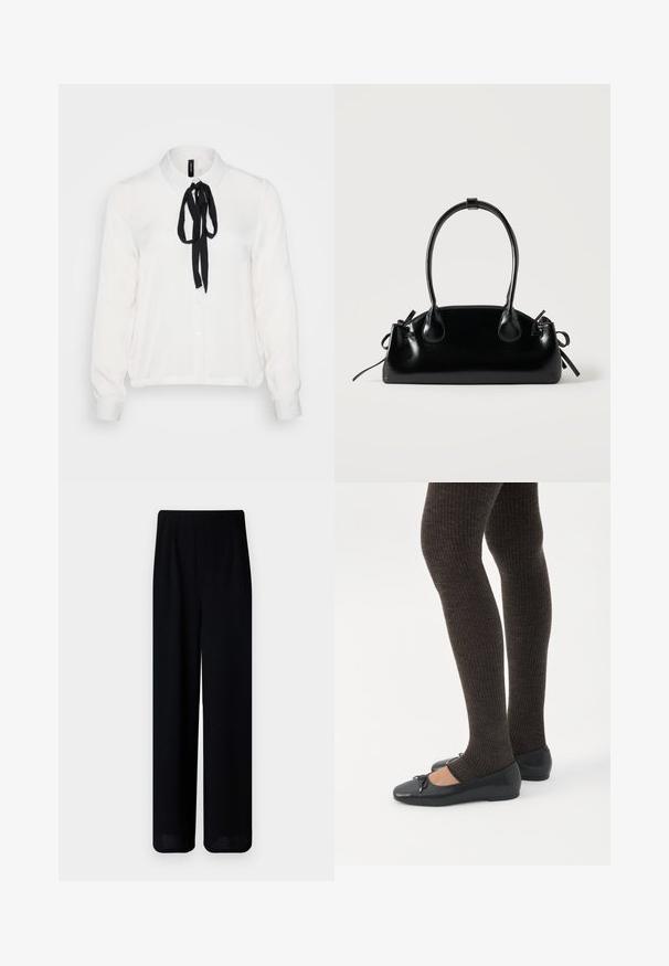 Hvid langærmet bluse med en sort slips ved kraven, med knapfront, blødt stof og en let afslappet pasform.; Vero Moda Petite VMLIVA SUPER WIDE PANTS - Bukser - black; Ben iført mørke ribbede leggings kombineret med sorte balletsko med små sløjfedetaljer på hvid baggrund.; Lille sort blank håndtaske med to lange håndtag og snøre-detaljer i siden på en ensfarvet lys baggrund.