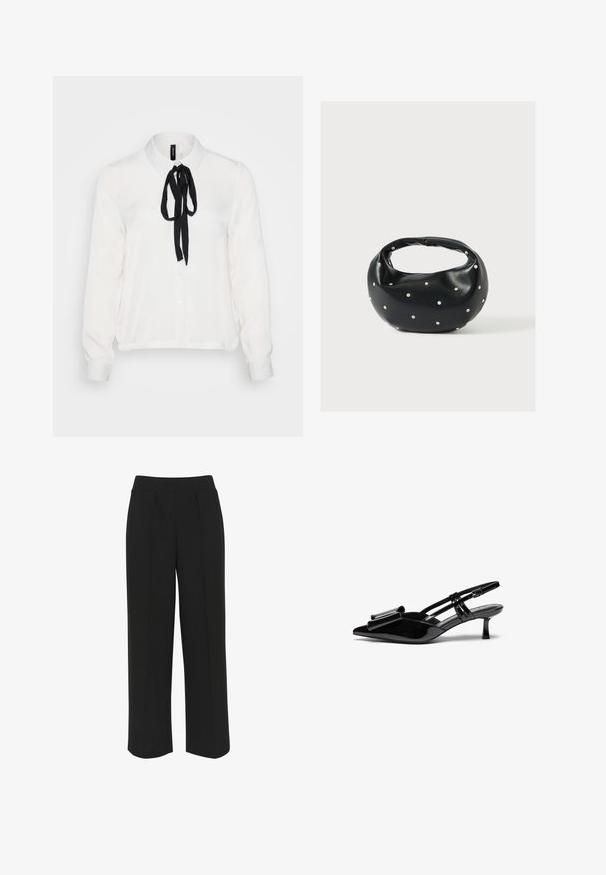 Blouse blanche à manches longues avec un nœud noir au col, dotée d'un boutonnage devant, d'un tissu doux et d'une coupe légèrement décontractée.; Pantalons larges noirs avec une taille plate, comportant des plis à l'avant et une texture lisse. Pas de poches ni de matériel visible.; Talons aiguilles en cuir verni noir avec un bout pointu, un détail en nœud à l'avant et un petit talon stiletto. Les brides sont équipées de boucles ajustables.; Sac à main en cuir noir de forme arrondie, décoré de clous argentés et équipé d'une poignée courte. Texture lisse et fermeture éclair.