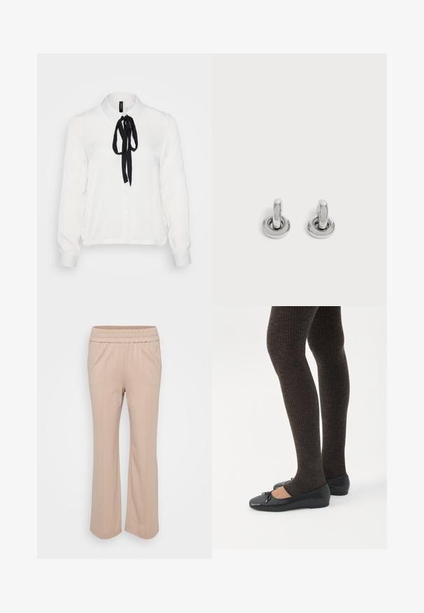 Hvid langærmet bluse med en sort slips ved kraven, med knapfront, blødt stof og en let afslappet pasform.; Lys beige bukser med elastisk talje og afslappet pasform. Har lodrette sømme og et blødt, glat stof. Flared ben-design.; Ben iført mørke ribbede leggings kombineret med sorte balletsko med små sløjfedetaljer på hvid baggrund.; Par små, skinnende sølv hoops med rund base, vist på en ensfarvet lys baggrund.