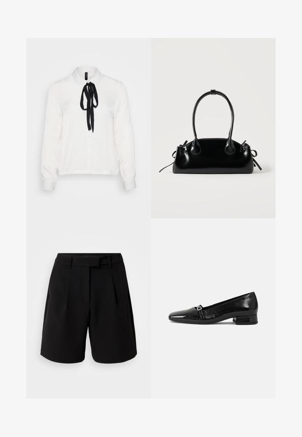 Hvid langærmet bluse med en sort slips ved kraven, med knapfront, blødt stof og en let afslappet pasform.; Sorte skræddersyede shorts lavet af glat stof, med høj talje, folder, bæltestropper og sidelommer, med et rent design.; Sorte patentlæder balletflade med spids tå, lav firkantet hæl og en lille metallisk spænde detalje på remmen. Glat tekstur.; Lille sort blank håndtaske med to lange håndtag og snøre-detaljer i siden på en ensfarvet lys baggrund.