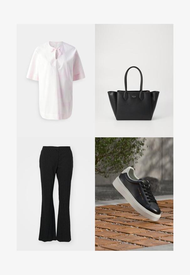 Blouse blanche à manches courtes avec un motif floral rose pâle, dotée d'un col rond et d'un détail nœud au centre avant.; Pantalons évasés noirs à rayures, présentant une texture lisse et une taille mi-haute, conçus avec une coupe ajustée et un éclat subtil.; Baskets en cuir noir avec semelle blanche et patch talon, lacets noirs, et logo doré "Tommy Hilfiger", flottant au-dessus de carreaux en bois en extérieur.; Sac fourre-tout noir structuré en cuir texturé. Équipé de deux poignées arrondies et d'une plaque avec logo à l'avant. Haut large et ouvert.