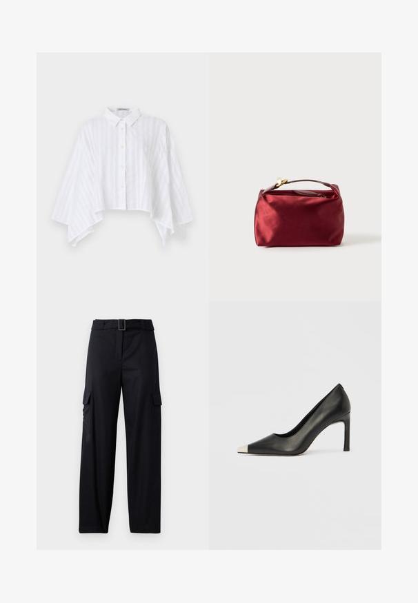 Chemise blanche boutonnée avec des manches larges évasées et un ourlet raccourci, présentant de subtiles rayures verticales et un col pointu.; Pantalons cargo noirs avec une coupe droite, dotés de deux poches latérales et d'une ceinture avec une boucle rectangulaire. Texture de tissu lisse.; Chaussure à talon haut en cuir noir avec bout pointu et capuchon argenté métallique. Présente une finition lisse et un talon fin de 10 cm.; Trousse de maquillage en satin bourgogne de forme rectangulaire, avec fermeture éclair et une poignée courte. Présente un design minimaliste et une texture lisse.