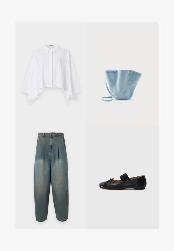 Chemise blanche boutonnée avec des manches larges évasées et un ourlet raccourci, présentant de subtiles rayures verticales et un col pointu.; Jean en denim bleu à taille haute, coupe ample, avec des plis, une fermeture avant à boutons et fermeture éclair, et des poches latérales.; Ballerines en cuir noir avec un bout arrondi, un petit nœud décoratif et une lanière élastique sur le cou-de-pied pour un maintien sécurisé. Semelle plate.; Sac seau en tissu bleu clair avec longue bandoulière, grande ouverture supérieure et coutures verticales cousues, sur fond blanc uni.