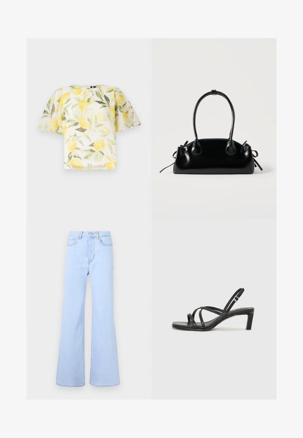 Hvid kortærmet bluse med citron- og bladmønster. Letvægts, let gennemsigtigt stof med rund halsudskæring og løs pasform.; Lyseblå flagrende jeans med høj talje, der har fem lommer, knaplukning og en glat denimstruktur. Kanten er pænt syet.; Sort remsandale med firkantet tå og en lav blokeret hæl. Har flere tynde stropper og en justerbar ankelrem. Fremstillet af glat læder.; Lille sort blank håndtaske med to lange håndtag og snøre-detaljer i siden på en ensfarvet lys baggrund.