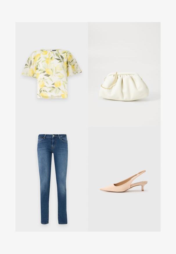 Blouse blanche à manches courtes avec un motif de citrons et de feuilles. Tissu léger, légèrement transparent, avec un col rond et une coupe ample.; Jean denim bleu slim avec bouton frontal, fermeture éclair et design à cinq poches sur un fond clair uni.; Escarpins slingback en cuir nude avec un bout pointu et un petit talon kitten. Texture lisse, design minimaliste et dos ouvert respirant.; Sac à main en cuir blanc avec un design plissé, doté d'une bandoulière en chaîne dorée et d'une forme arrondie. Texture lisse avec des plis doux et sans motifs.