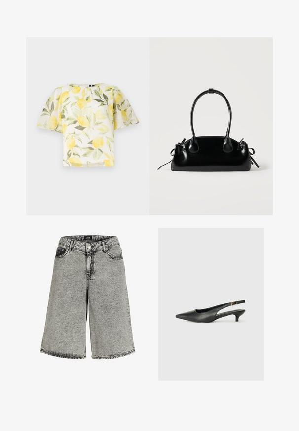 Weißes kurzärmliges Blusenshirt mit einem Zitronen- und Blattmuster. Leichter, leicht transparenter Stoff mit rundem Halsausschnitt und lockerer Passform.; Jeansshorts in ausgebleichtem Schwarz mit lockerer Passform, hoher Taille, Fünf-Taschen-Design und sichtbaren Nähte.; Schwarzer Slingback-Schuh mit spitzem Zehenbereich aus glattem Leder. Mit einem dünnen Absatz und einer dekorativen Schnalle am verstellbaren Riemen.; Kleine schwarze glänzende Handtasche mit zwei langen Griffen und seitlichen Kordelzug-Details vor einfachem hellem Hintergrund.