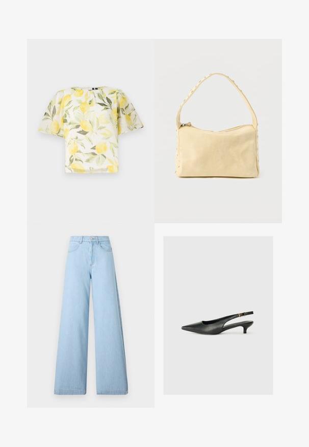 Witte blouse met korte mouwen met een patroon van citroenen en bladeren. Lichtgewicht, licht doorzichtig materiaal met een ronde halslijn en een losse pasvorm.; Lichtblauwe wijd gewaide jeans van denim, met een hoge taille, voorzakken en schone zomen met minimale stikdetails.; Zwarte puntschoen met slingback van soepel leer. Kenmerkt zich door een dunne hak en een gespdetail op de verstelbare band.; Kleine beige leren handtas met een enkele band en zilveren studs langs de randen en band, tegen een effen achtergrond.