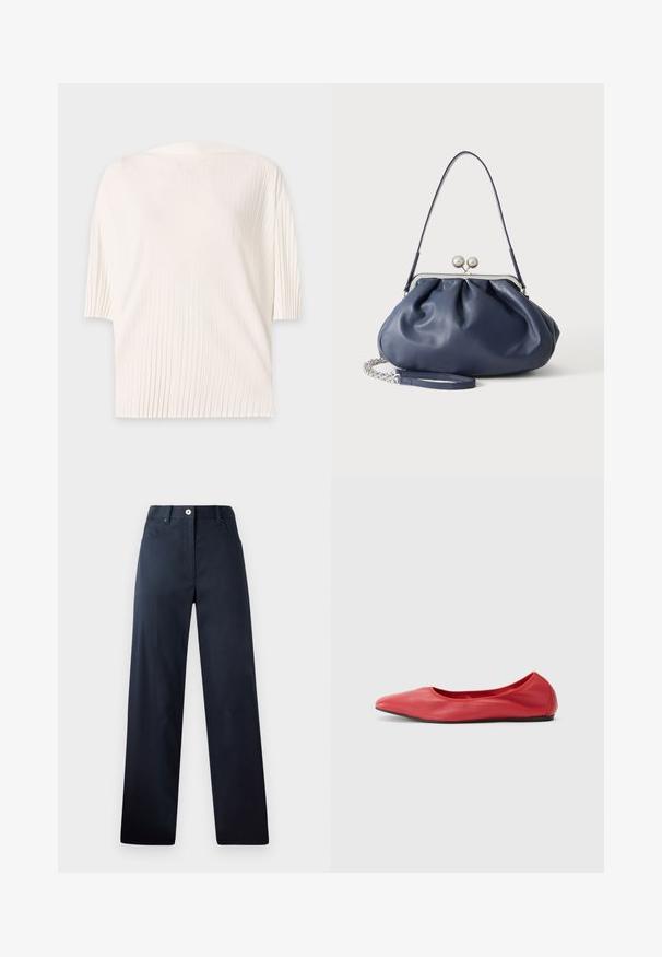 Haut blanc à manches courtes avec de fines plis verticaux et une coupe ample et décontractée sur un fond clair uni.; Pantalon bleu marine foncé avec une coupe droite, fabriqué en tissu lisse. Comprend des poches avant, une fermeture à bouton et des détails de couture subtils.; Filippa K REY FLATS - Ballerines - bright red; Sac à main en cuir bleu marine doux avec fermeture à boucle argentée, une seule bandoulière, et une chaîne de poignet amovible sur fond blanc.