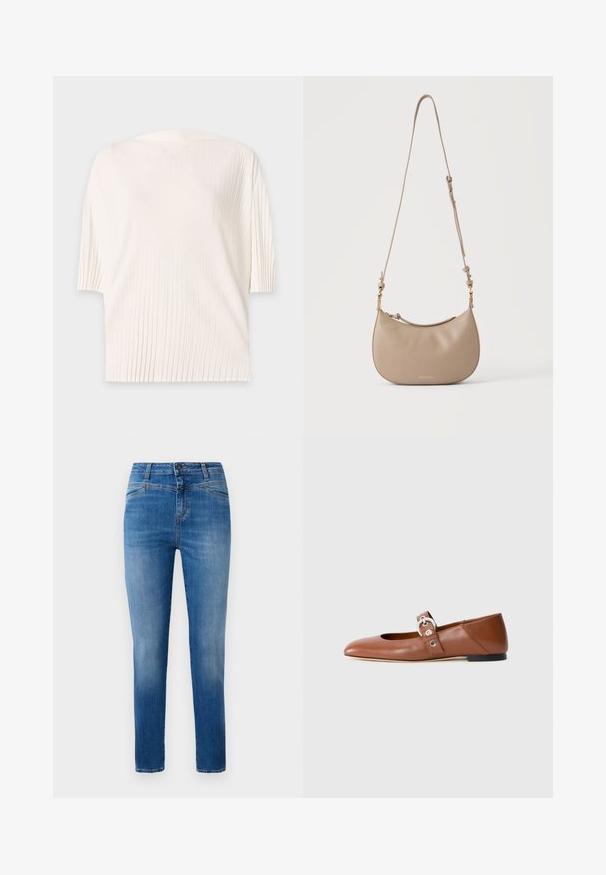 Witte top met korte mouwen, fijne verticale plooien en een losse, ontspannen pasvorm op een effen lichte achtergrond.; Klassieke blauwe denim jeans met een rechte pijp, ontworpen met een middelhoge taille, voorzakken en oranje stiksels.; Bruine leren ballerina met een spitse neus en uitsparing aan de voorkant. Heeft een bandje met een metallic gesp en een zwarte zool.; Beige leren schoudertas met verstelbare band, halve maanvorm en subtiel gouden logo aan de voorkant in het midden.