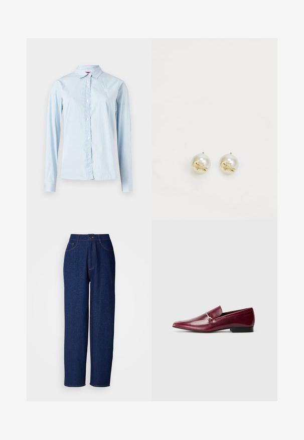 Lichtblauw overhemd met lange mouwen en verticale witte strepen, knoopsluiting aan de voorkant, puntkraag en klein logo op de borst.; Donkerblauwe denim wijd uitlopende broek met een hoge taille, voorzien van oranje stiksels, voorkzakken en een knoopsluiting. Zorgt voor een gladde textuur met subtiele stippen.; Bordeauxrode leren loafers met puntige neuzen en een platte zwarte hak, voorzien van zilverkleurige kettinghardware aan de voorkant. Glad oppervlak.; Parelsstud oorbellen met een glanzende afwerking; versierd met een kleine gouden krokodilaccent op elke oorbel. Cirkelvormig, gladde textuur.