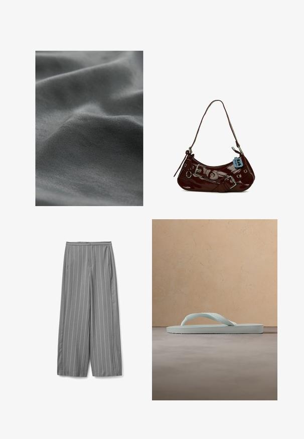 Gros plan sur une texture de tissu gris foncé avec des plis doux et une surface lisse et bien tissée.; Pantalon gris à jambes larges avec fines rayures blanches verticales et poches latérales, posé à plat sur un fond blanc.; Tongue en caoutchouc beige clair unique avec semelle texturée et bride en forme de Y sur un fond gris uni.; Sac à main en cuir verni bordeaux avec une forme courbée, accents en métal argenté et une boucle décorative. Il présente une courte bandoulière et une fermeture éclair.