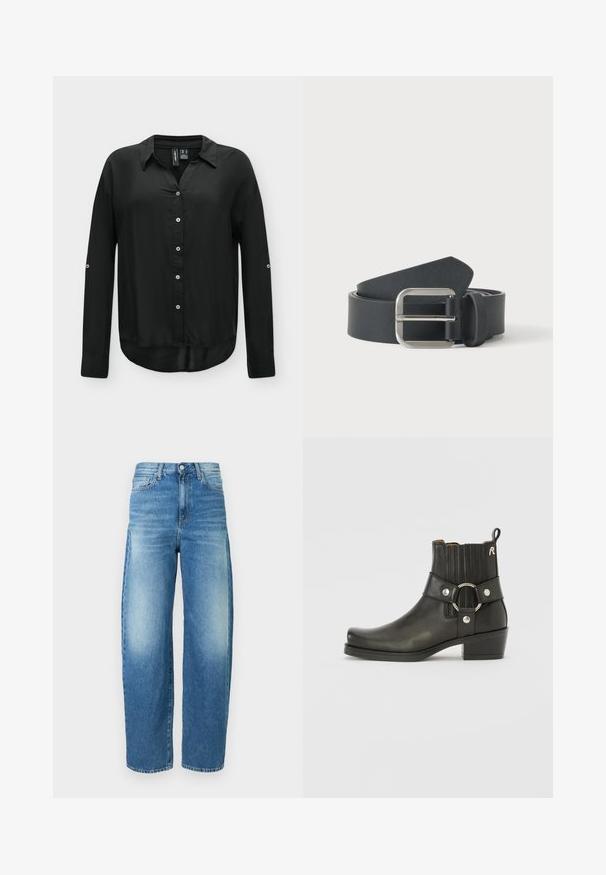 Sort skjorte med lange ærmer med knapper, krave, knapper foran og knappeflapper på ærmerne, vist på en ensfarvet baggrund.; Lyseblå denimjeans med høj talje og vide ben. Har diskret falmning, klassisk fem-lomme design og knaplukning.; Sort læder ankelstøvle med rund tå, ribbede elastiske sider, en metallisk ringdetalje og en lav blokhæl.; Sort læderbælte rullet med sølvfarvet rektangulært metalspænde på en ensfarvet lys baggrund.