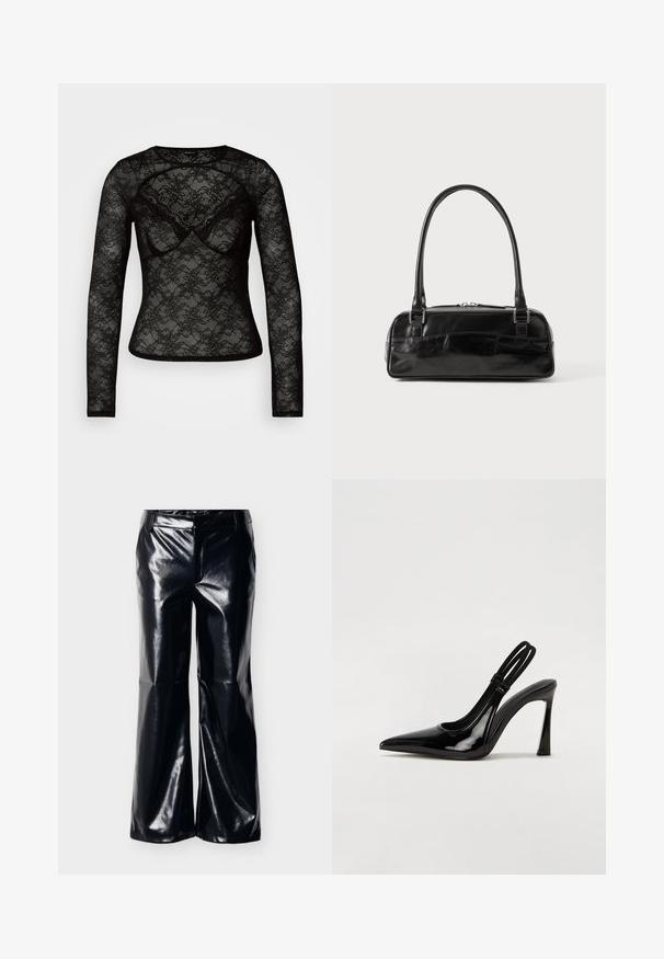 Schwarzes Langarm-Spitzenoberteil mit floralem Muster, halbtransparentem Stoff, rundem Ausschnitt und tailliertem Schnitt mit weichen, zarten Akzenten.; Schwarze weite Hose aus Kunstleder mit glänzendem Finish, mittelhoher Taille und sauberem Vorderdesign, geeignet für verschiedene Stilrichtungen.; Schwarze Lackleder Slingback-Pumps mit spitzem Zehenbereich, schlankem hohen Absatz und doppeltem elastischen Riemen für einen sicheren Sitz. Glatte, glänzende Oberfläche.; Schwarze Lederhandtasche in rechteckiger Form, mit einem stabilen Griff, silbernem Zubehör und Reißverschluss. Glatte Textur.