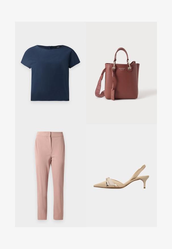 Haut à manches courtes bleu marine, encolure ronde, tissu lisse, coupe décontractée, avec une fermeture discrète au dos et des détails de couture minimes.; Pantalons ajustés, taille haute, rose pâle avec une fermeture frontale dissimulée, confectionnés en tissu lisse et léger.; Chaussure beige à bouts pointus avec bride arrière, talon kitten bas et fin, et nœud décoratif sur la tige.; Sac à main en cuir marron avec anses supérieures, bandoulière amovible et quincaillerie argentée, marqué du texte « Emporio Armani ».