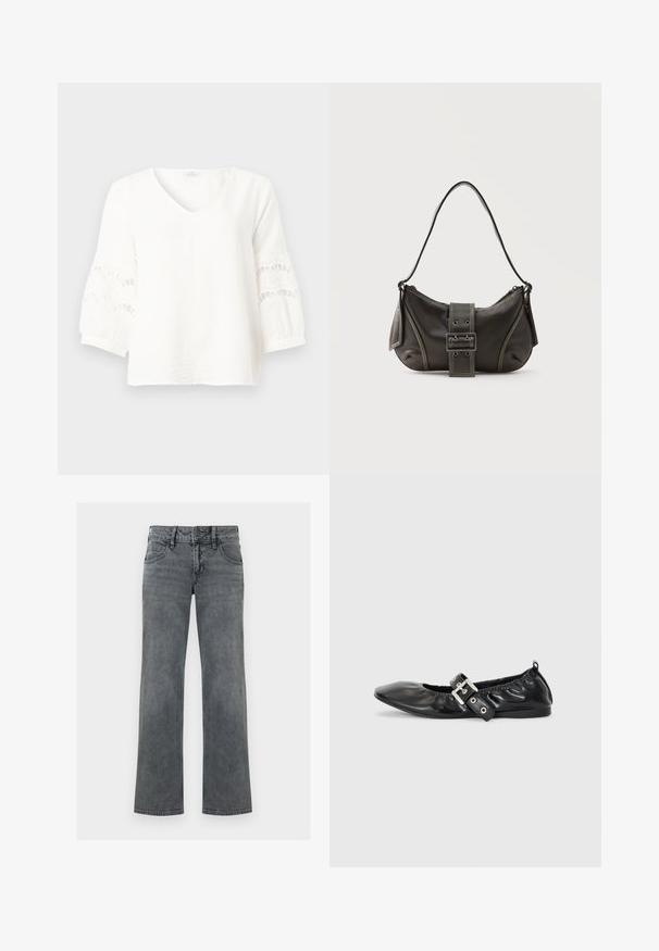 Witte blouse met lange mouwen, V-hals en kanten uitsnijdingen op de mouwen, weergegeven tegen een effen grijze achtergrond.; Grijze denimjeans met rechte pijpen, voorzien van knopen aan de voorkant, rits en vijfzakken, afgebeeld tegen een witte achtergrond.; Zwarte leren platte schoen met een spitse neus, geplooide details rond de opening en een zilveren gespaccentueerde verstelbare band.; Zwarte leren schoudertas met gespsluiting aan de riem, afgeronde hoeken en contrasterende witte stiksels op een effen achtergrond.