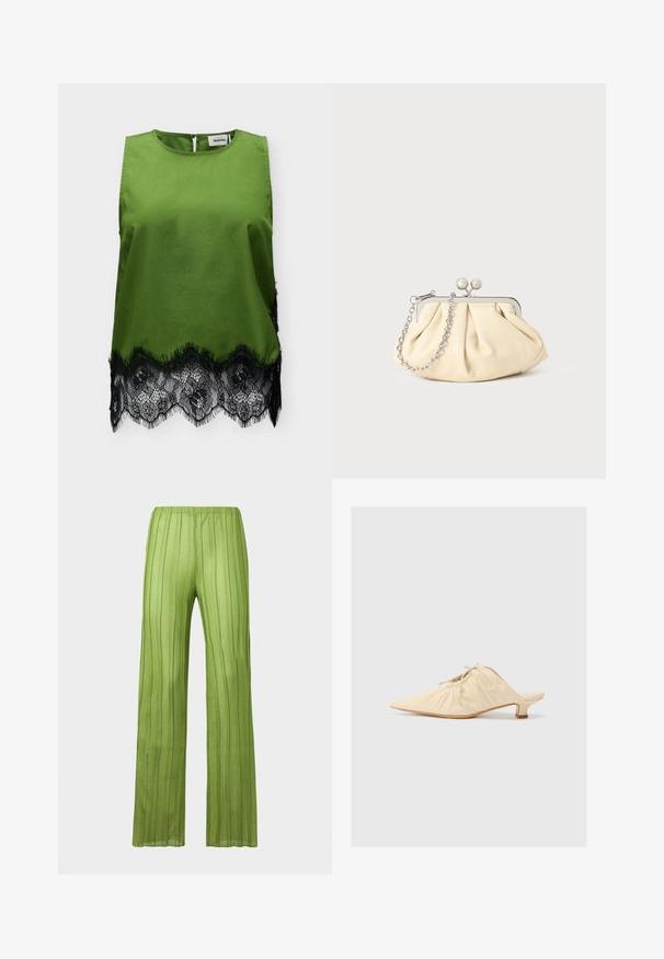 Top verde sin mangas de satén con cuello redondo y ribete de encaje floral negro en el dobladillo, con un pequeño cierre con botón en la parte trasera.; Pantalones verdes de pierna ancha hechos de un material translúcido con textura acanalada vertical. Cuentan con una cintura elástica para mayor comodidad y un ajuste informal.; Zapato de piel color crema tipo slip-on con puntera afilada, detalles fruncidos en la parte delantera y un tacón corto y cuadrado.; Clutch de cuero beige plisado con un marco de metal plateado, que cuenta con dos broches decorativos redondos y una correa de cadena plateada.