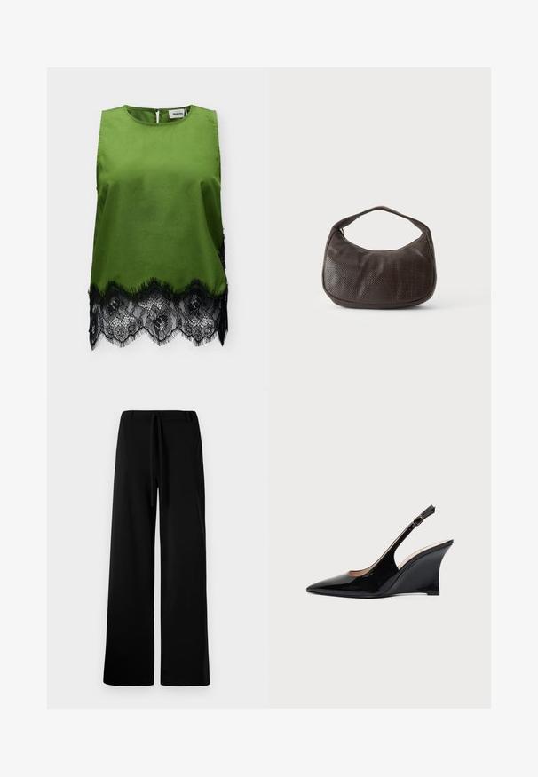 Top verde sin mangas de satén con cuello redondo y ribete de encaje floral negro en el dobladillo, con un pequeño cierre con botón en la parte trasera.; Pantalones anchos de color negro, fabricados en un tejido suave, con cintura elástica y cordón, textura lisa y sin bolsillos ni estampados visibles.; Zapato de cuña slingback de charol negro con puntera puntiaguda y hebilla ajustable en la correa del tobillo sobre fondo blanco.; Pequeño bolso de mano marrón oscuro con textura, con correa corta y fondo redondeado sobre un fondo claro y liso.