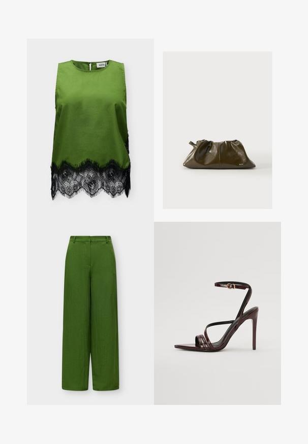 Haut sans manches en satin vert avec encolure ronde et bordure en dentelle florale noire à l'ourlet, avec une petite fermeture à bouton au dos.; Pantalon taille haute à jambes larges en vert olive uni avec passants de ceinture et fermeture avant lisse.; Sandale à talons hauts en cuir verni bourgogne avec une bride de cheville, bout pointu et trois bandes horizontales sur le pied. Détail de boucle dorée.; Pochette en cuir souple vert olive avec haut froncé et petite anse en boucle, arborant un subtil logo "RAID" sur le devant.