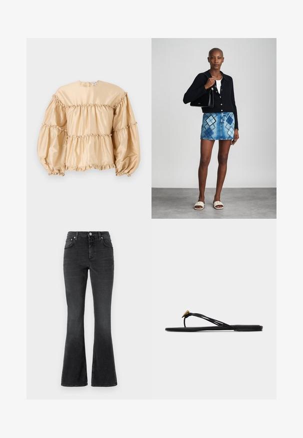 Blouse en satin beige avec des manches bouffantes, design en couches et détails froncés le long des coutures. Encolure ronde avec une fermeture dans le dos.; CLOSED JOVANNA - Jean slim - dark grey; Sandale plate noire en forme de tongs avec plusieurs fines lanières et une petite déco dorée en forme de larme sur la lanière avant.; Un cardigan en maille noir, un haut blanc, une jupe en denim avec un motif de diamants bleus et noirs, un sac à main noir et des sandales à enfiler beiges.
