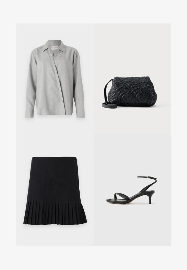 CLOSED ASYMMETRIC SHIRT - Chemisier - light grey; Jupe plissée noire avec des panneaux diagonaux cousus, une taille cintrée et un ourlet évasé. Les matériaux semblent légers et lisses.; Sandale pour femme en cuir noir avec fines lanières, une boucle d'orteil, une boucle à la cheville et un talon aiguille de hauteur moyenne sur un fond neutre.; Sac bandoulière en cuir noir avec des motifs abstraits en relief texturés et une fine sangle réglable sur un fond uni.