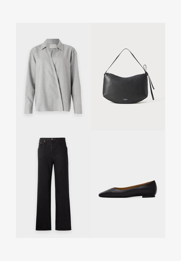 CLOSED ASYMMETRIC SHIRT - Chemisier - light grey; Jean en denim noir taille haute avec une jambe évasée, présentant des coutures visibles, un design à cinq poches et des accents en métal cuivré.; Chaussure plate en cuir noir à bout pointu avec talon bas et finition lisse, vue de côté sur un fond gris clair.; Sac à bandoulière en cuir noir avec une forme courbe, fermeture éclair et une anse nouée. Présente un logo discret à l'avant. Texture lisse.