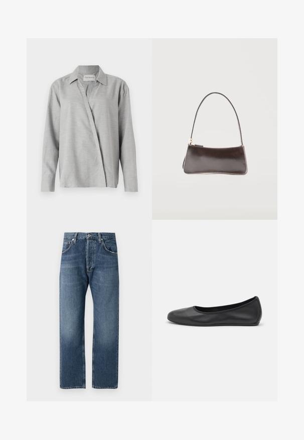 CLOSED ASYMMETRIC SHIRT - Hemdbluse - light grey; Blaue gerade geschnittene Jeans aus Denim mit klassischem Fünf-Taschen-Design und Knopfverschluss, vor einem weißen Hintergrund präsentiert.; Schwarze Leder-Ballettschuhe mit abgerundeter Spitze, glatter Textur, minimalen Nähdetails und einem flexiblen Sohlen-Design.; Kleine rechteckige dunkelbraune Lederhandtasche mit einem einzelnen Riemen und goldfarbenem Reißverschluss.