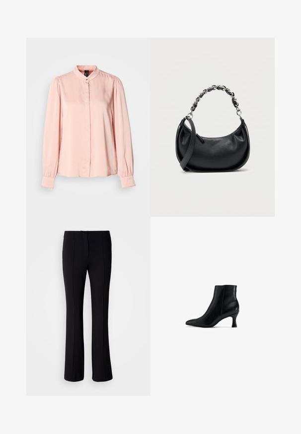 Lichtroze blouse gemaakt van gladde stof, met een mandarijnkraag, lange mouwen met elastische boorden en een knoopsluiting.; Zwarte wijde broek gemaakt van een gladde stof, met voornaad en een onzichtbare rits. Eenvoudig ontwerp zonder patronen of versieringen.; Zwarte leren enkellaars met een spitse neus, slank ontwerp en een taps toelopende, gebogen hak. Gladde textuur met minimale accentdetails.; Zwarte leren handtas met een afgeronde vorm, dubbele band met een stevige zilveren ketting en een ritssluiting aan de bovenkant. Soepele textuur.