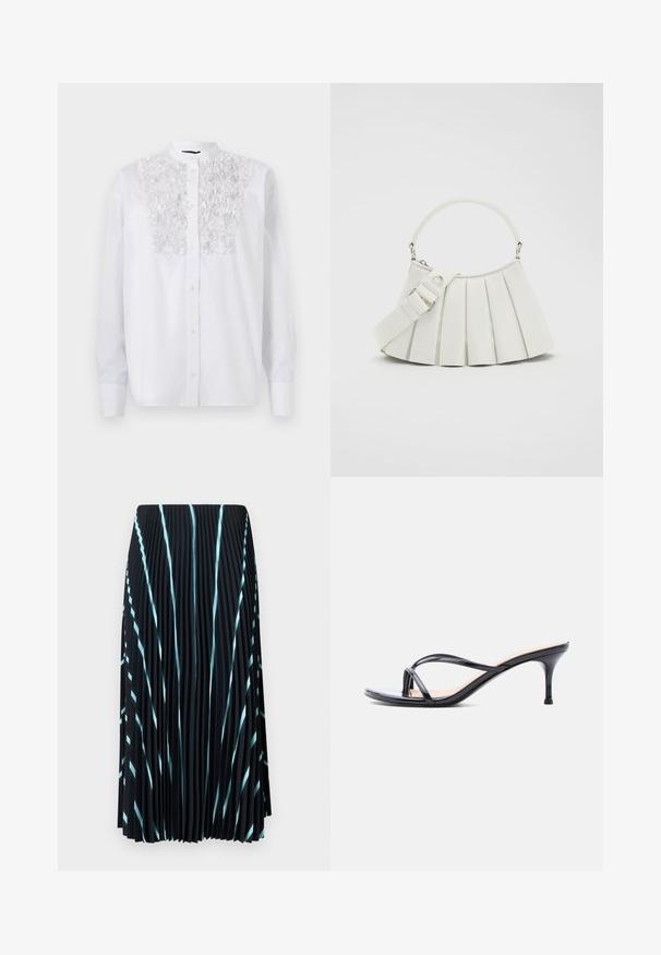 Hvid skjorte med knapper, der har en tekstureret blomsterdetalje på brystet, lange ærmer og en kinesisk krave. Glat bomuldsstof.; Sort plisseret nederdel med lyseblå diagonale striber. Lavet af letvægts, struktureret stof. Falder til midt på læggen uden synlige lukninger.; Sort laklædersandal med hæl, tynde krydsede remme og en slank mellemhøj stilethæl på en hvid baggrund.; Lacoste LENGLEN BAG - Håndtasker - cristalline
