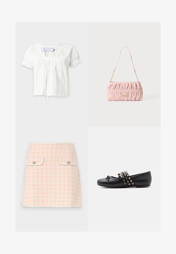 Blusa blanca de manga corta con escote fruncido, delicado patrón de ojales y un pequeño lazo colgando del centro delantero.; Minifalda de lana en un patrón de cuadros en rosa y crema, con dos bolsillos delanteros adornados con botones decorativos y un dobladillo con flecos.; Zapato plano negro con tres tiras tachonadas y un pequeño lazo en la puntera redondeada, mostrado de lado sobre un fondo blanco.; Pequeño bolso rosa fruncido con cadena dorada y una placa con el logotipo rectangular que dice Love Moschino en el frente.