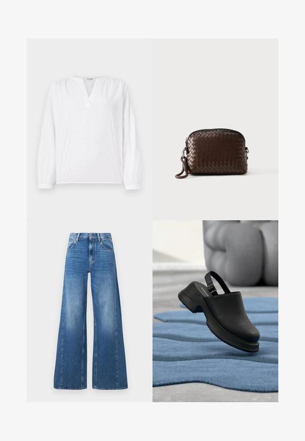 Blusa blanca de mangas largas, con escote en V y patrón de flores bordadas. Tejido suave con un acabado ligeramente texturizado. Puños elásticos.; Vaqueros de mezclilla azul de pierna ancha con cintura alta, que cuentan con bolsillos frontales y un aspecto desgastado, fabricados en algodón con una textura suave.; Zueco de cuero negro con correa ajustable mostrado sobre una alfombra azul texturizada en un suelo gris en un entorno interior minimalista.; Bolso de muñeca de cuero tejido marrón oscuro con cierre de cremallera y una correa trenzada unida a un lado.
