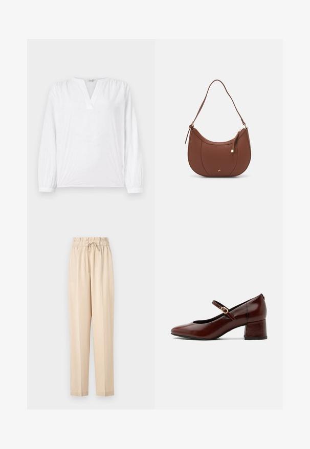 Hvid bluse med lange ærmer, V-udskæring og broderet blomsterdesign. Blødt stof med en let struktureret overflade. Elastiske manchetter.; Beige, lette bukser med elastisk talje, snøre detaljer og lige ben. Glat tekstur, minimalisk stil.; Brun læder Mary Jane-sko med lav blokhæle og guldlåsrem, sidevisning på hvid baggrund.; Brun faux læder skuldertaske med buet form, minimal syning og en guldtonet hardwaredetalje. Har en top lynlåslukning og justerbar rem.