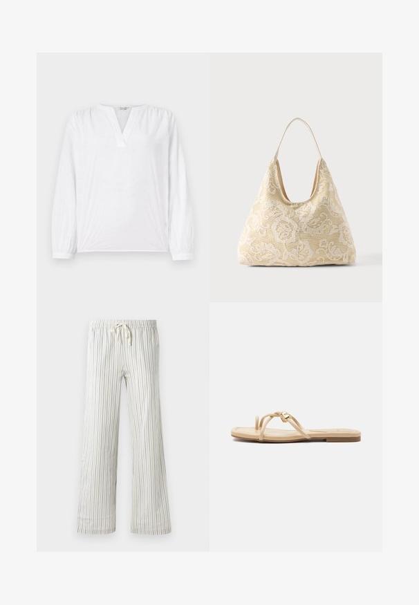 Witte blouse met lange mouwen, V-hals en geborduurd bloemenpatroon. Zachte stof met een licht gestructureerde afwerking. Elastaan mouwen.; Witte joggingsbroek met dunne verticale blauwe strepen en een elastische tailleband, van voren getoond op een effen achtergrond.; Beige platte sandaal met dunne bandjes en een kleine gouden hartdetail op één bandje, zijaanzicht op een effen achtergrond.; Crèmekleurige stoffen draagtas met wit bloemig gehaakt patroon en een enkele dunne schouderband op een effen achtergrond.